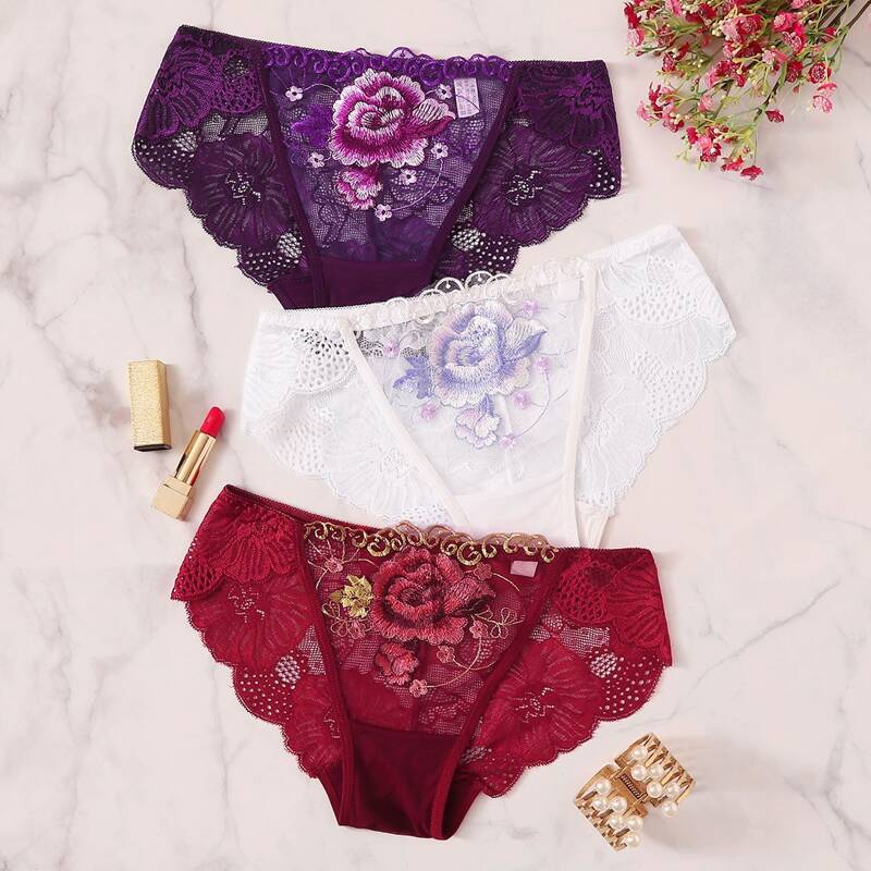 

3pack Floral Embroidery Lace Panty Set, Multicolor