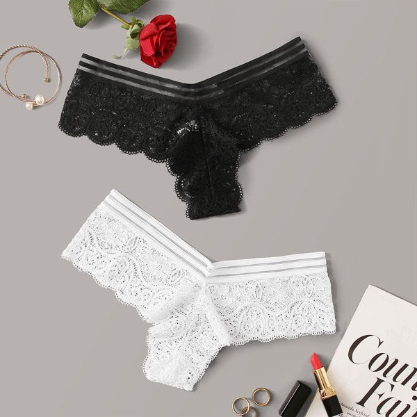 

2pack Floral Lace Panty Set, Black and white