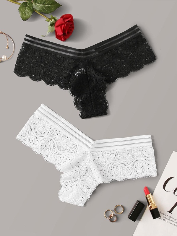 

2pack Floral Lace Panty Set, Black and white