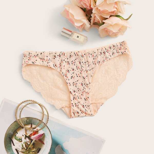

Ditsy Floral Print Contrast Lace Panty, Pink