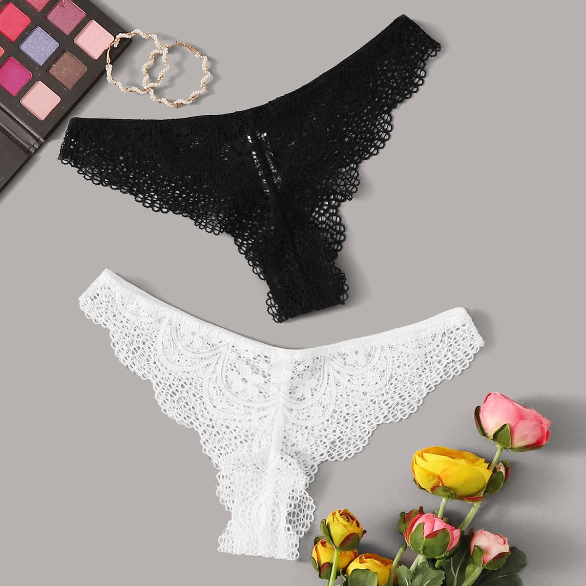 

2pack Floral Lace Panty Set, Black and white