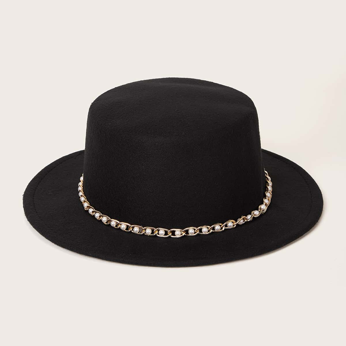 

Faux Pearl Link Decor Floppy Hat, Black