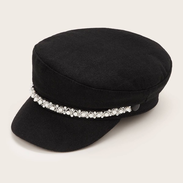 

Faux Pearl Decor Baker Boy Hat, Black