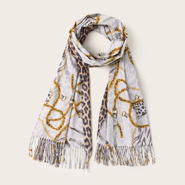 

Chain Pattern Fringe Hem Scarf, Multicolor
