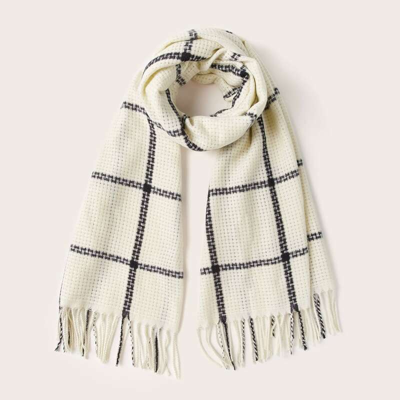 

Plaid Pattern Fringe Hem Scarf, White