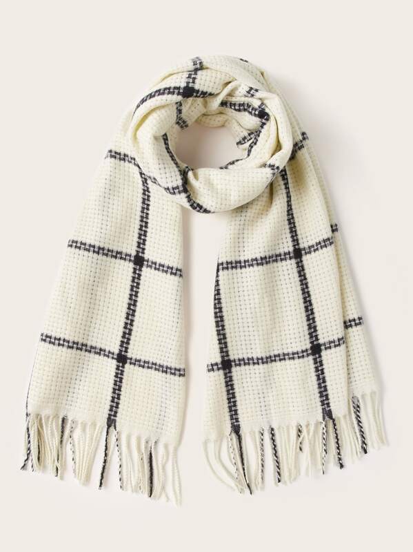 

Plaid Pattern Fringe Hem Scarf, White