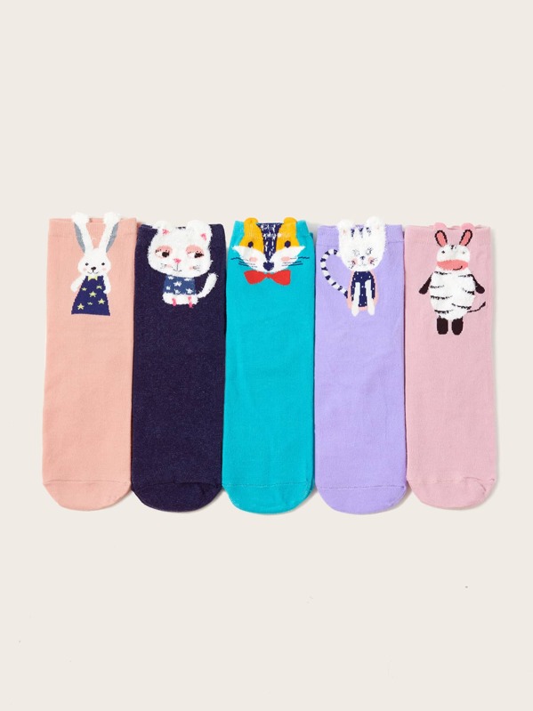 

5pairs Rabbit & Fox Pattern Socks, Multicolor