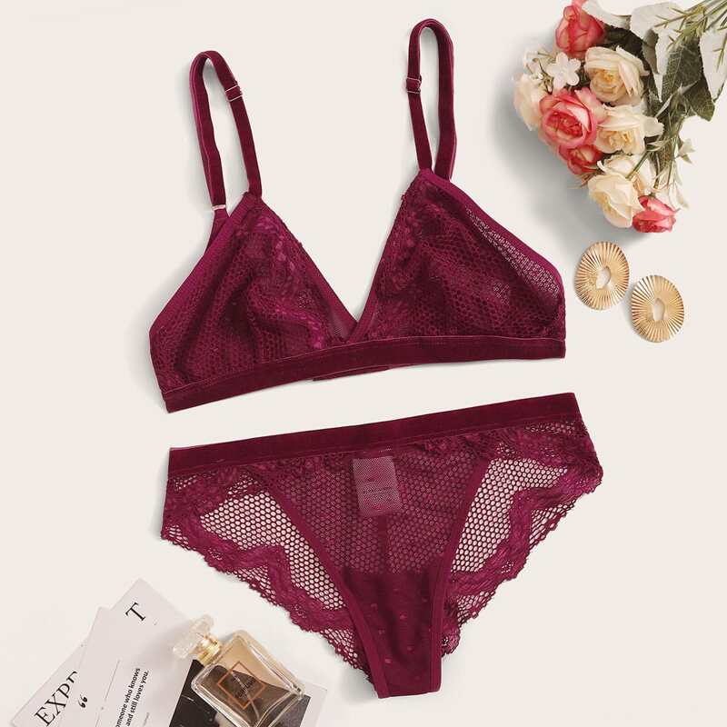 

Contrast Lace Mesh Lingerie Set, Burgundy