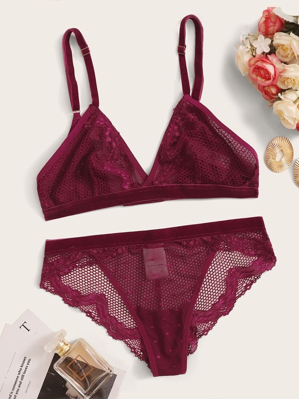 

Contrast Lace Mesh Lingerie Set, Burgundy