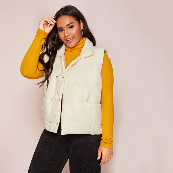 

Plus Double Breasted Solid Puffer Gilet, Beige