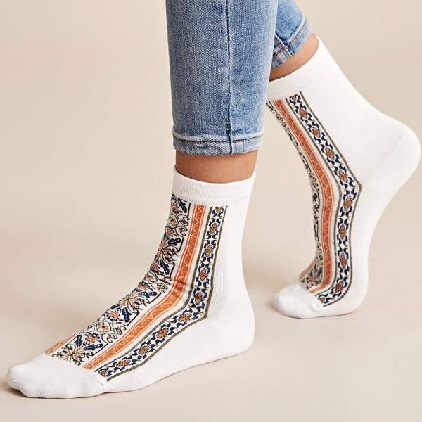 

1pair Tribal Pattern Socks, White