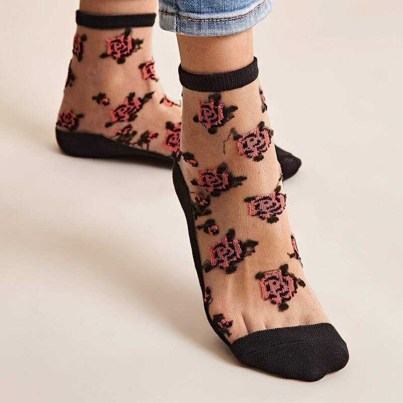 

1pair Flower Mesh Socks, Multicolor