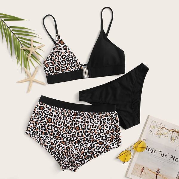 

3pcs Leopard Co-ord Bikini Set, Multicolor