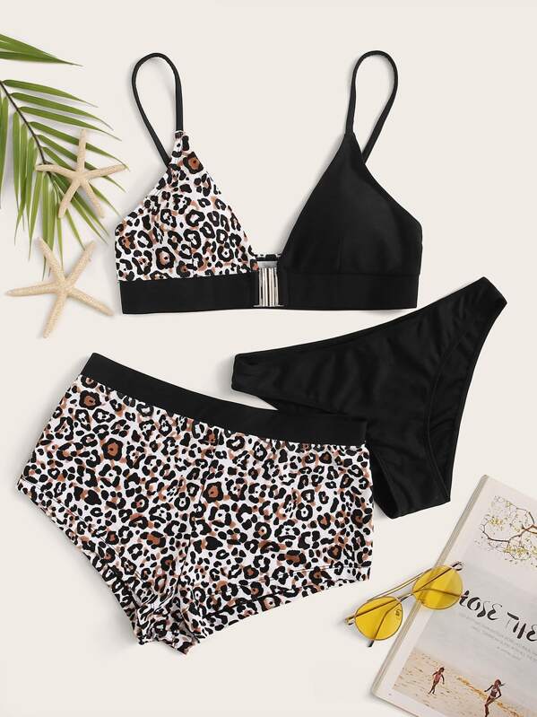 

3pcs Leopard Co-ord Bikini Set, Multicolor