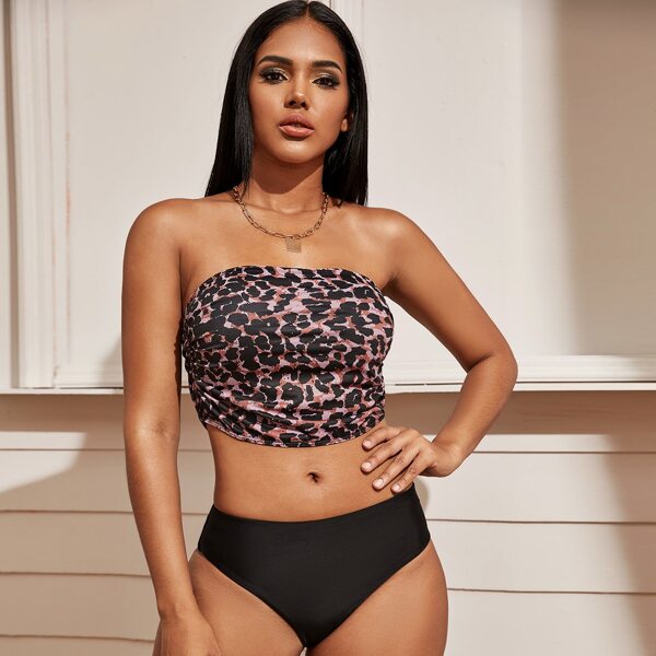 

Leopard Bandeau With High Waist Bikini Set, Multicolor