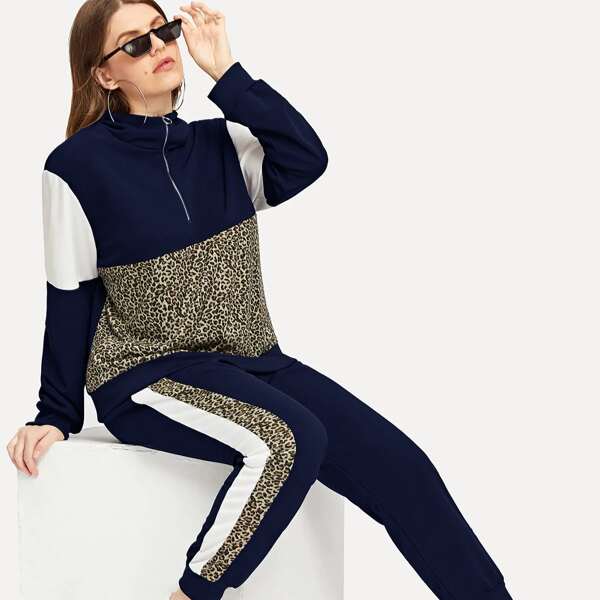 

Plus Half Zip Leopard Print Sweatshirt & Sweatpants, Navy