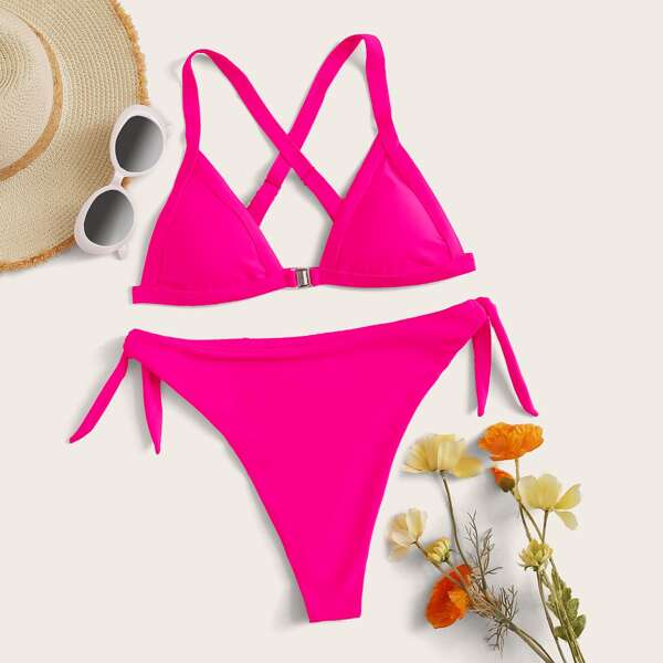 

Neon Pink Triangle Top With Tie Side Bikini Set, Pink bright