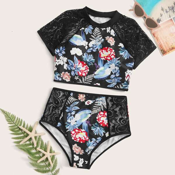 

2pcs Floral Print Short Sleeve Top With High Waist Bikini, Multicolor