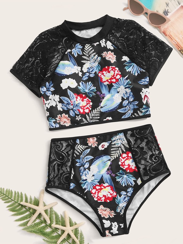 

2pcs Floral Print Short Sleeve Top With High Waist Bikini, Multicolor