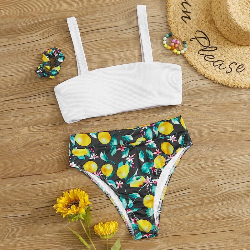 

Rib Top With Lemon Print High Waist Bikini Set & Hair Scrunchies, Multicolor