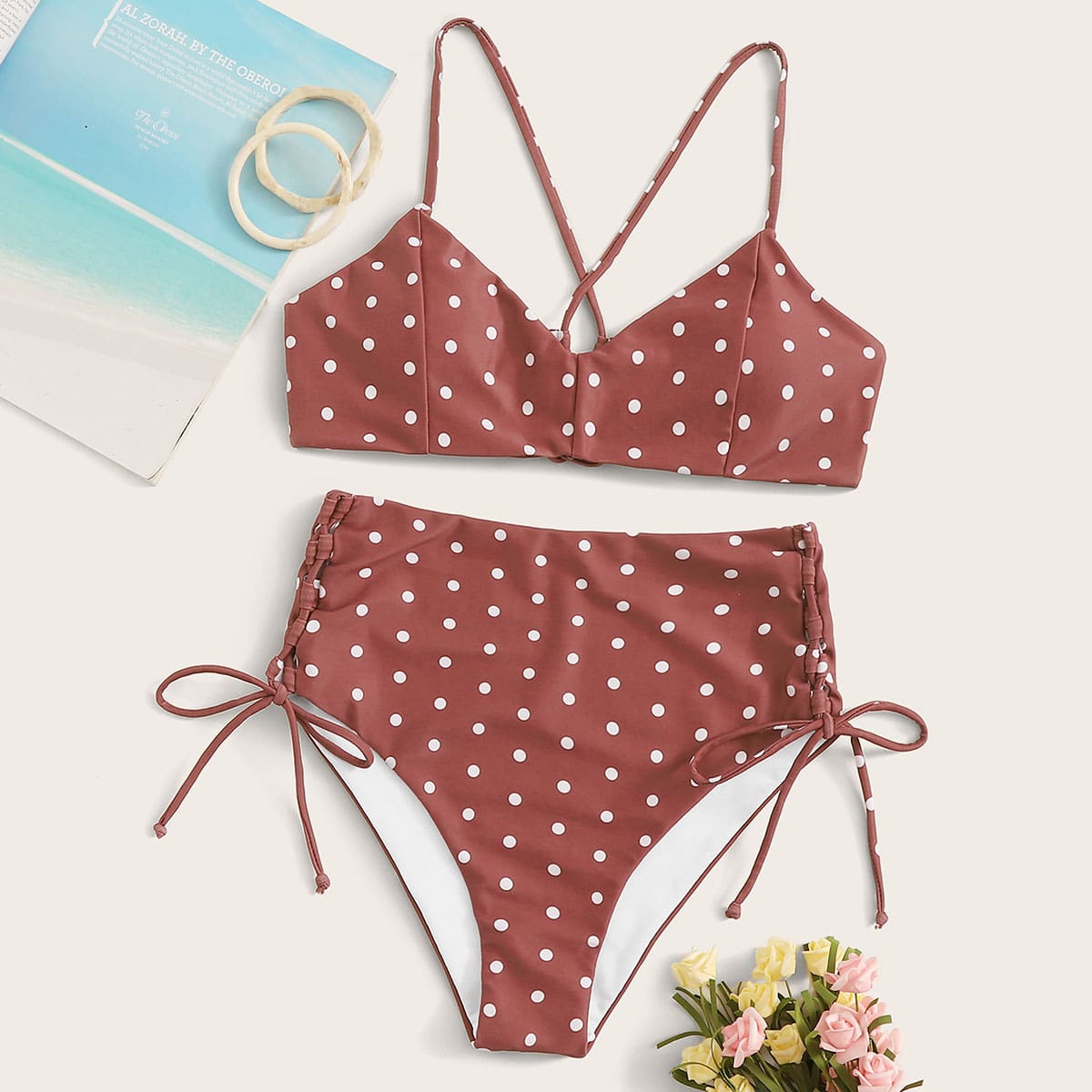 

Polka Dot Lace-up Back Top With High Waist Bikini, Pink