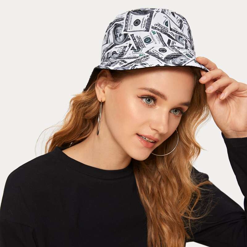 

Dollar Bill Pattern Bucket Hat, Grey