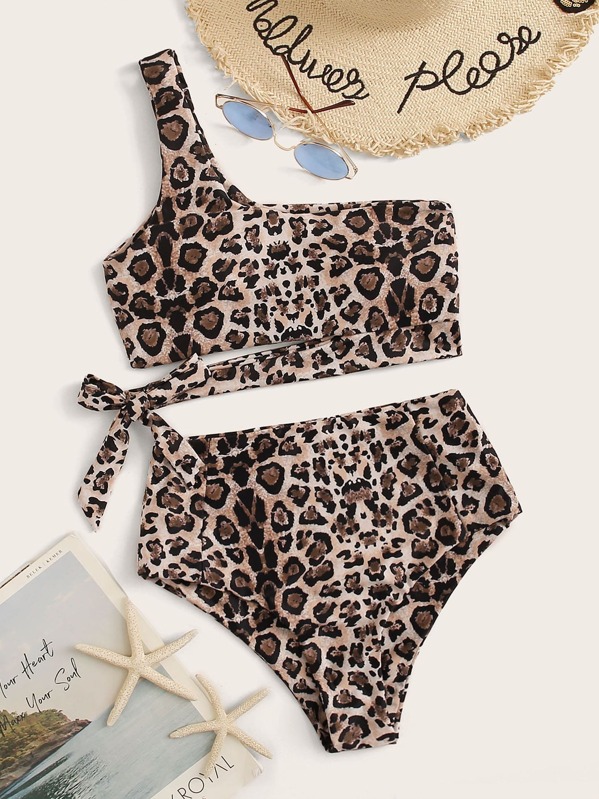 

Leopard Tie Waist Top With High Waist Bikini Set, Multicolor