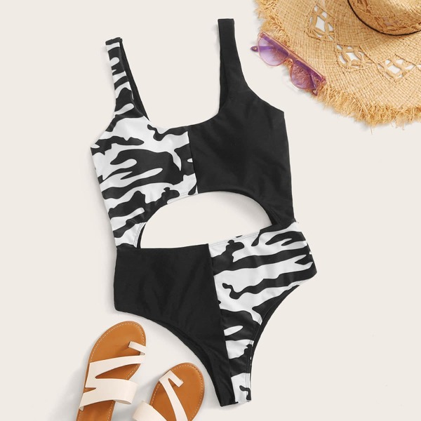 

Zebra Pattern Cut-out One Piece Swimwear, Black and white