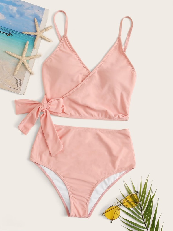 

Tie Side Top With High Waist Bikini Set, Pink