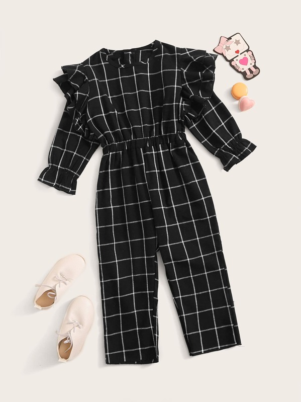 

Toddler Girls Grid Plaid Layered Ruffle Trim Jumpsuit, Black, Sofia B