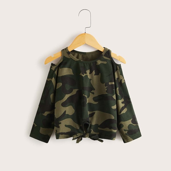 

Toddler Girls Open Shoulder Knot Hem Tee, Multicolor