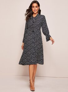 Ditsy Floral Tie Neck Shirt Dress