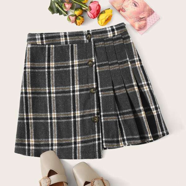 

Button Front Pleated Side Plaid Skirt, Grey