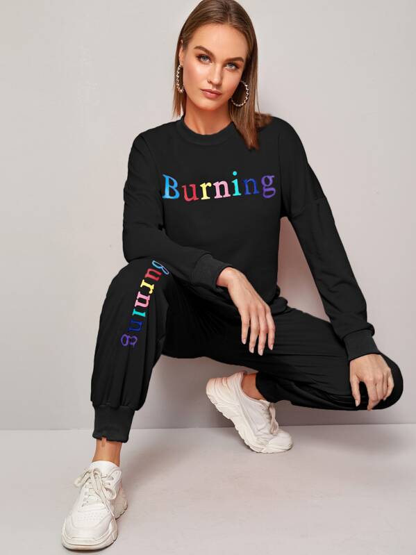 

Letter Graphic Sweatshirt With Drawstring Waist Sweatpants, Black, Rasa
