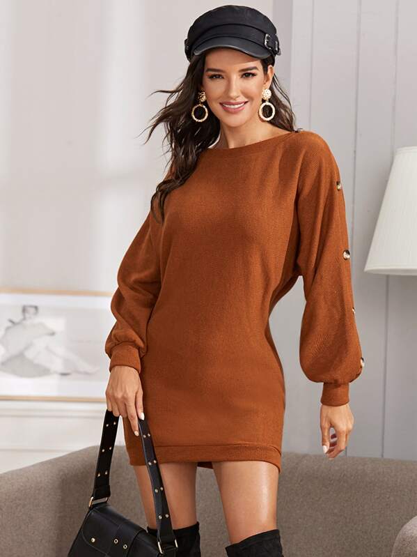 

Boat Neck Bishop Sleeve Button Detail Sweater Dress, Camel, Juliana