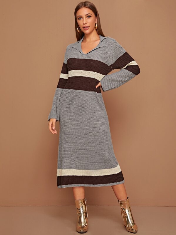 

Collared Striped Sweater Dress, Grey, Hanna