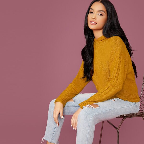 

Hooded Knitted Pullover Sweater, Yellow