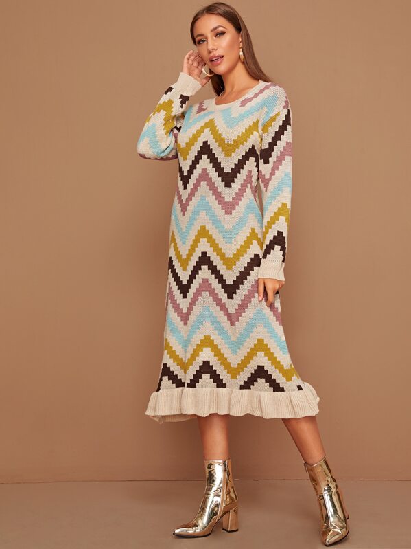 

Chevron Colorblock Ruffle Hem Sweater Dress, Multicolor, Hanna