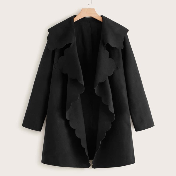 

Plus Solid Scallop Waterfall Collar Coat, Black