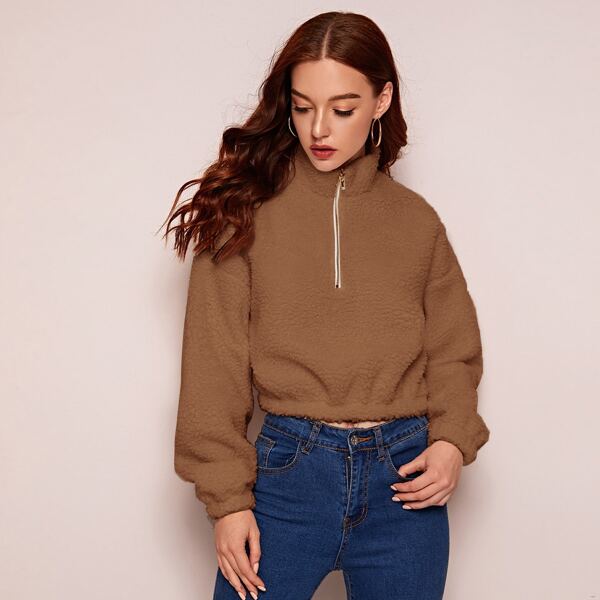 

Zip Half Placket Crop Teddy Sweatshirt, Brown