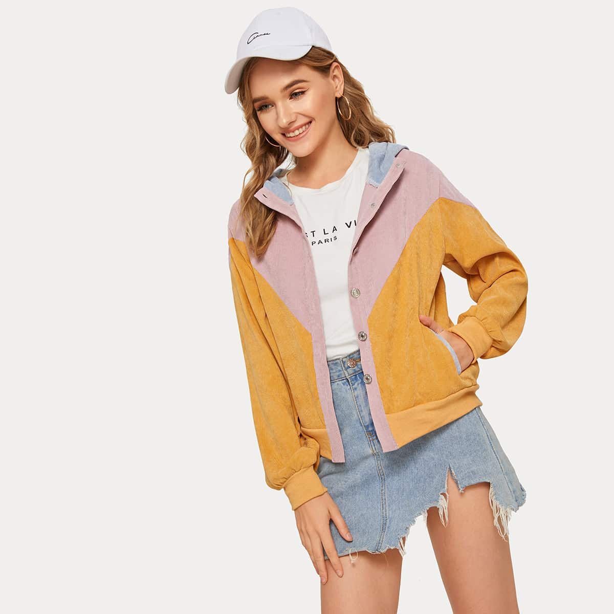 

Cut And Sew Button Through Corduroy Jacket, Multicolor