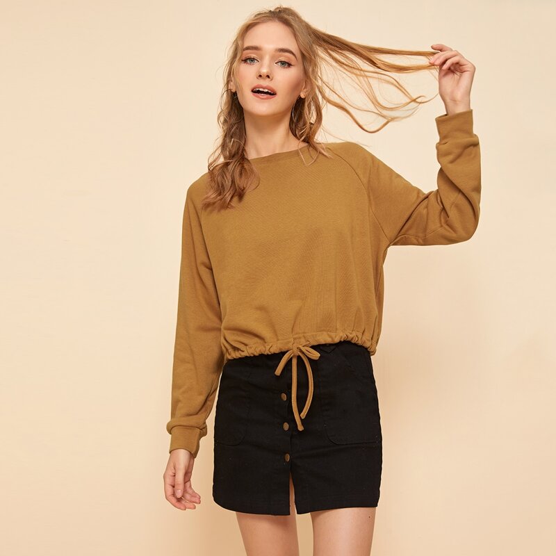 

Drawstring Hem Raglan Sleeve Sweatshirt, Camel