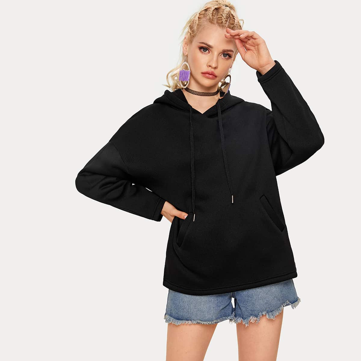 

Drop Shoulder Pocket Drawstring Hoodie, Black