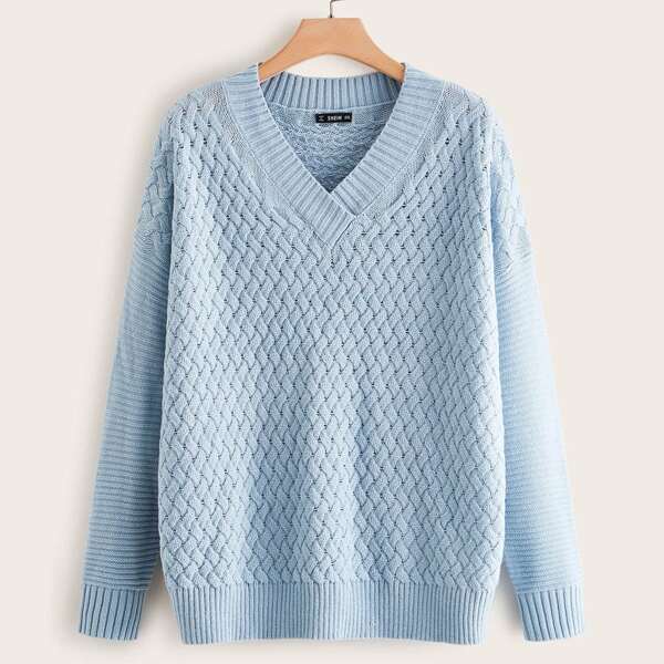 

Plus V-neck Cable Knit Solid Sweater, Blue pastel