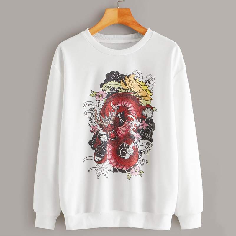 

Dragon Print Drop Shoulder Sweatshirt, White