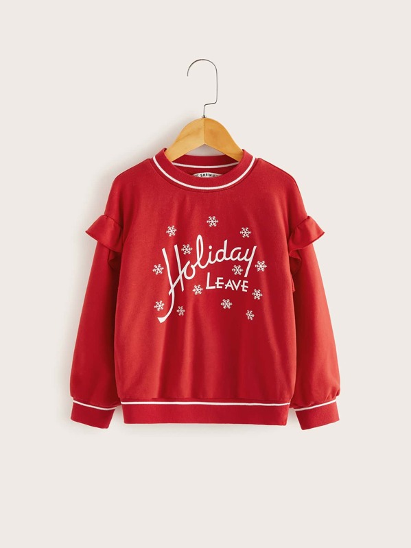 

Girls Ruffle Trim Christmas New Year Graphic Pullover, Red