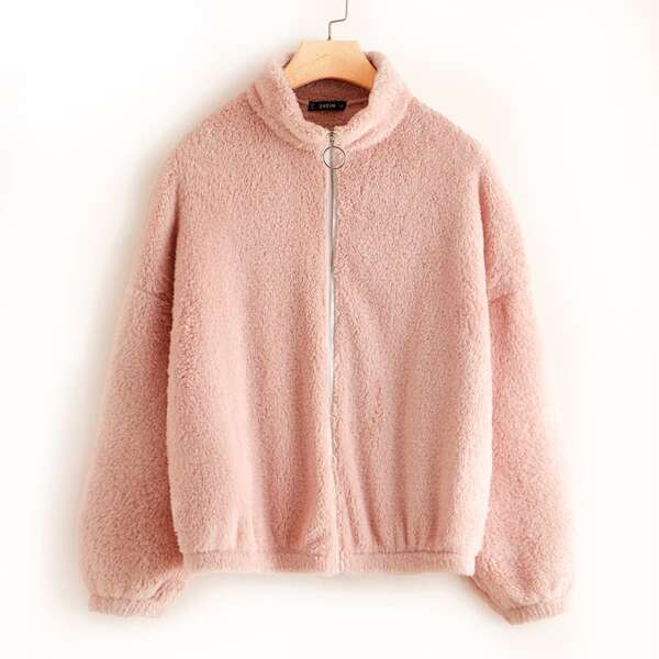 

Plus Zip Up Drop Shoulder Teddy Jacket, Pink pastel