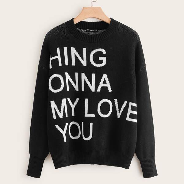 

Plus Drop Shoulder Slogan Graphic Pullover, Black
