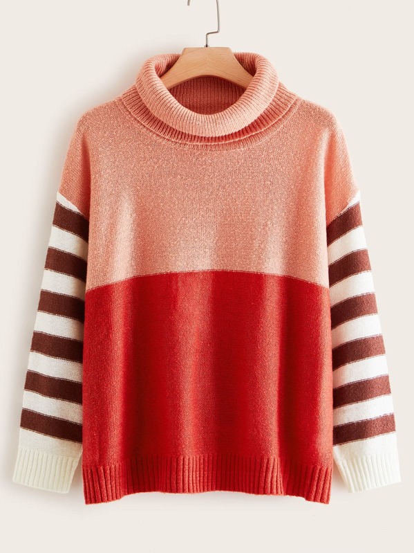 

Plus Turtleneck Striped Sleeve Color Block Jumper, Multicolor