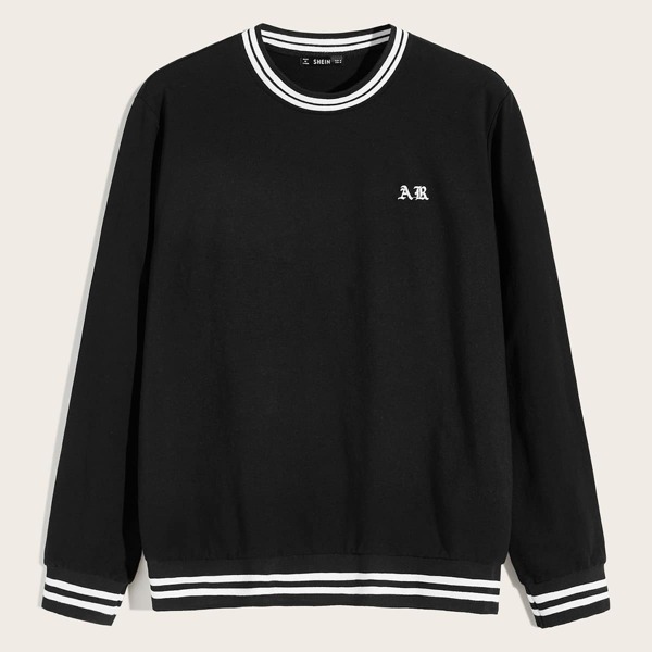 

Men Striped Trim Letter Embroidered Pullover, Black